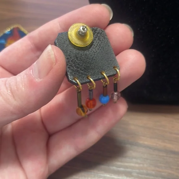 Vintage Hand Painted Genuine Leather Artisan Brooch & Earring Set